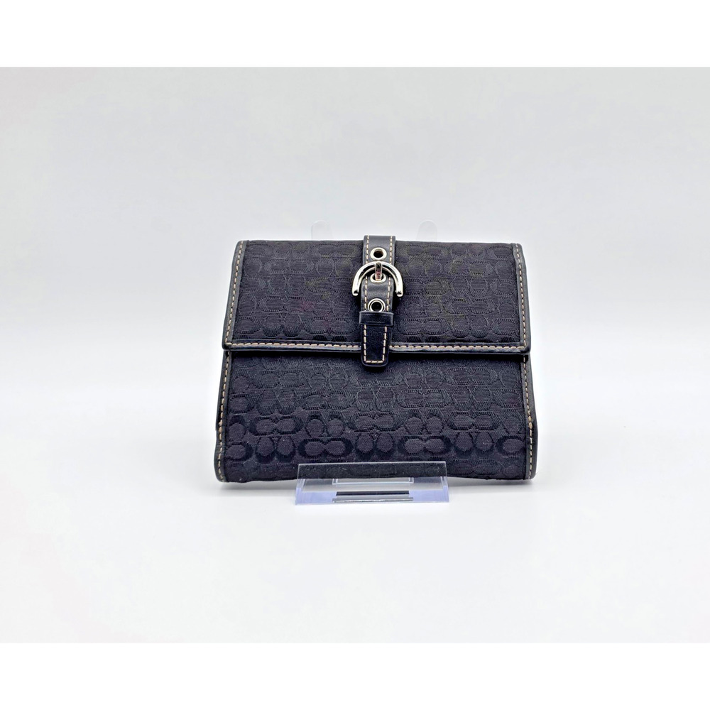 Coach Signature Jacquard Buckle Wallet Black Canvas Leather Trim Vintage Y2K